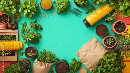 Green Plants, Gardening Supplies on Teal Background.