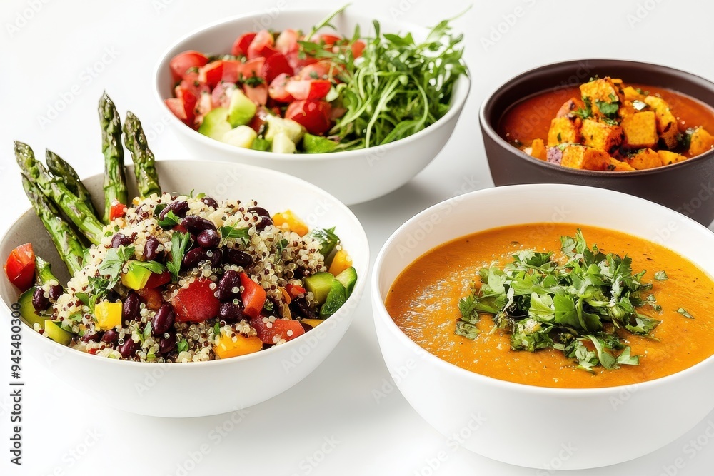 A colorful array of healthy dishes including salads, soups, and grains. A colorful array of healthy dishes including salads, soups, and grains.