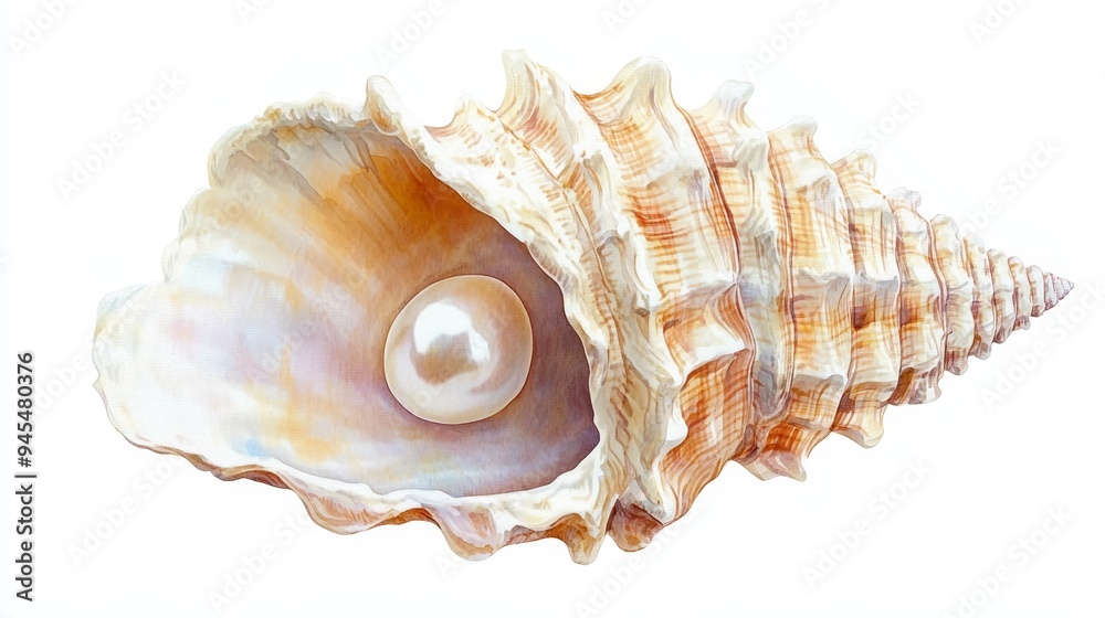 Seashell with Pearl  Watercolor Illustration  Isolated on White Background