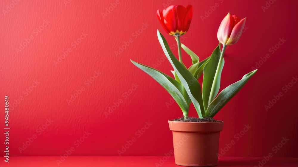 A red tulip in a brown pot on a plain background.