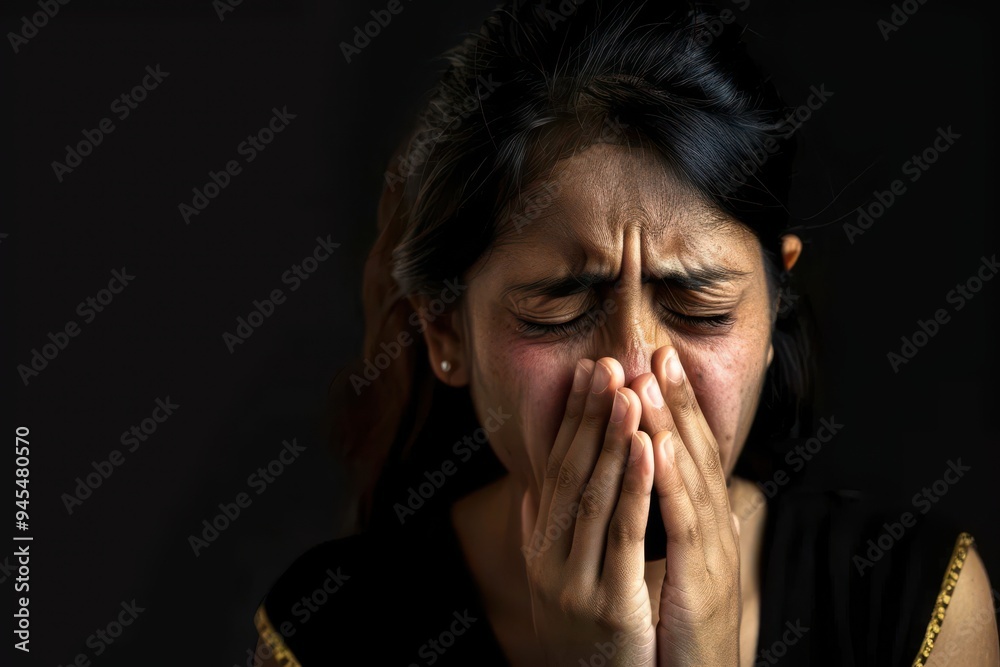 Sad desperate grieving crying woman with folded hands and tears eyes on a dark black background during trouble, life difficulties, loss and emotional problems. Copy space Sad desperate grieving crying Sad desperate grieving crying woman with folded hands and tears eyes on a dark black background during trouble, life difficulties, loss and emotional problems. Copy space Sad desperate grieving crying