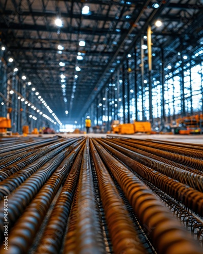 Close-up view of steel rods arranged in a large industrial warehouse, showcasing construction materials and structural elements.