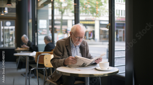 An older man is sitting at a table reading a newspaper