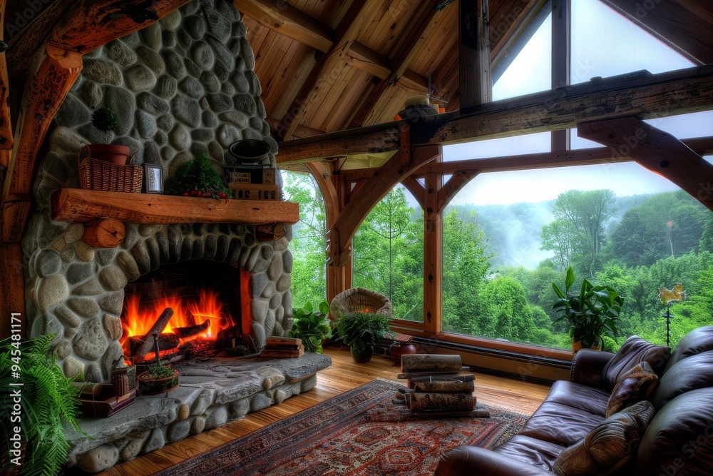A rustic cabin living room with a stone fireplace and large windows offering a view of a misty forest A rustic cabin living room with a stone fireplace and large windows offering a view of a misty forest