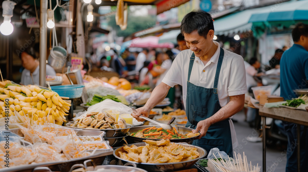 Asian man is cooking food in the street market