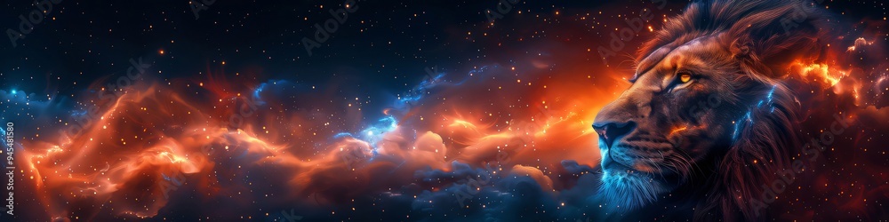 Panoramic banner with Majestic lion with piercing eyes is set against a backdrop of swirling nebulae and distant stars, capturing the awe inspiring freedom and power of the cosmos Panoramic banner with Majestic lion with piercing eyes is set against a backdrop of swirling nebulae and distant stars, capturing the awe inspiring freedom and power of the cosmos