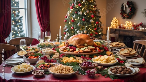 Christmas dinner table laden with food and snacks, decorated for the New Year with a background of a Christmas tree.