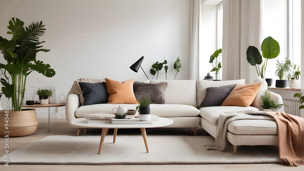 Modern Scandinavian interior design is typified by a sophisticated living area with a plush sofa, furnishings from the mid-century, a warm carpet, white walls, and houseplants. 