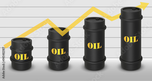 Graph with black round metal drum. 3D rendering. Vector illustration isolated on white. Barrel of chemical liquids, gases, oils. Oil Industry, Petrol Sign, rising oil prices