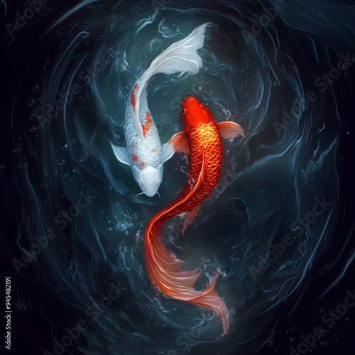 Koi Fish Dance in Swirling Water photo