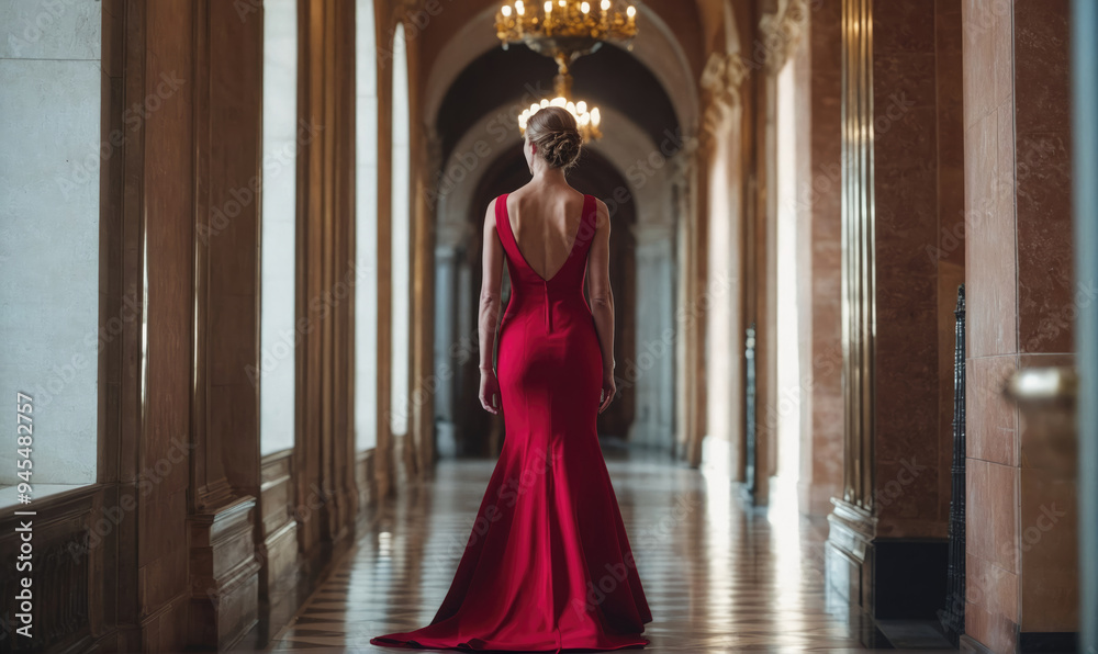 A woman in a red gown walks through a long hallway with tall columns A woman in a red gown walks through a long hallway with tall columns