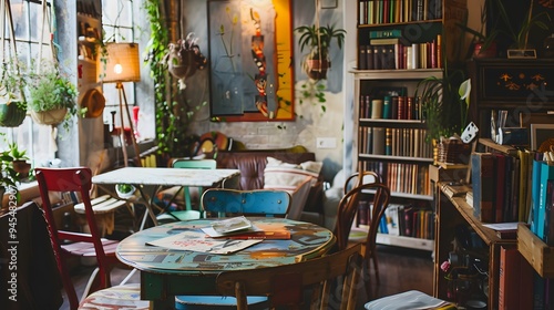 Illustration of A trendy café embracing cluttercore vibes, with tables covered in vintage books, eclectic tableware, hanging plants, and colorful art on the walls. Ai Generate. photo