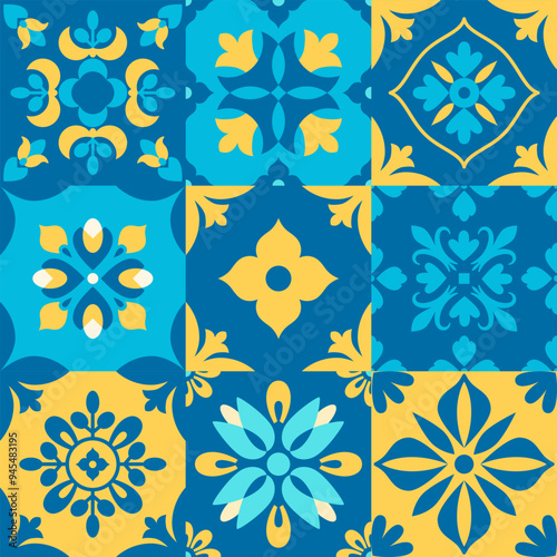 Mediterranean traditional folk seamless pattern. Blue and yellow tiles background. Italian, Portuguese, Spanish ethnic ornament. Mosaic. Vector digital paper, wallpaper.