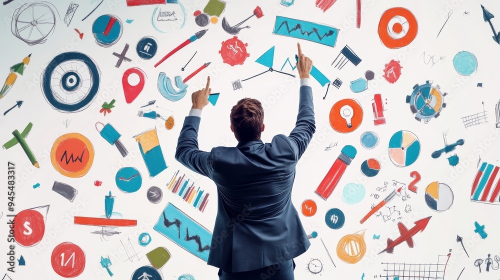Businessman Brainstorming Ideas on a Whiteboard. Businessman Brainstorming Ideas on a Whiteboard.