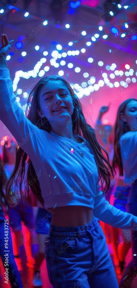 Joyful young girl dancing under vibrant lights at a lively party, capturing the essence of fun and celebration in a colorful atmosphere. Joyful young girl dancing under vibrant lights at a lively party, capturing the essence of fun and celebration in a colorful atmosphere.