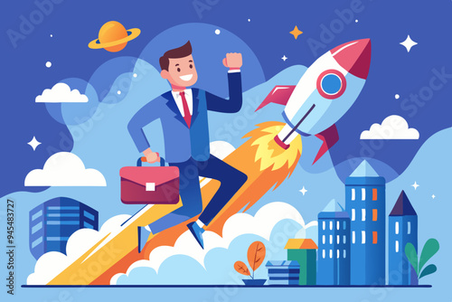 Boost business growth, innovation or fast speed development, rocket or firework boosting startup, ambition or aspiration for winner concept, businessman flying high with fast firework in the sky.
