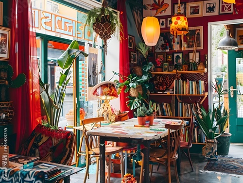 Illustration of A trendy café embracing cluttercore vibes, with tables covered in vintage books, eclectic tableware, hanging plants, and colorful art on the walls. Ai Generate. photo