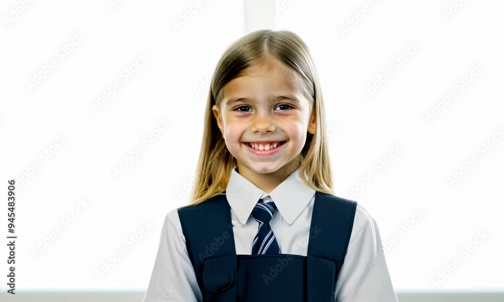 girl smiling broadly in school uniform on light background showing ...