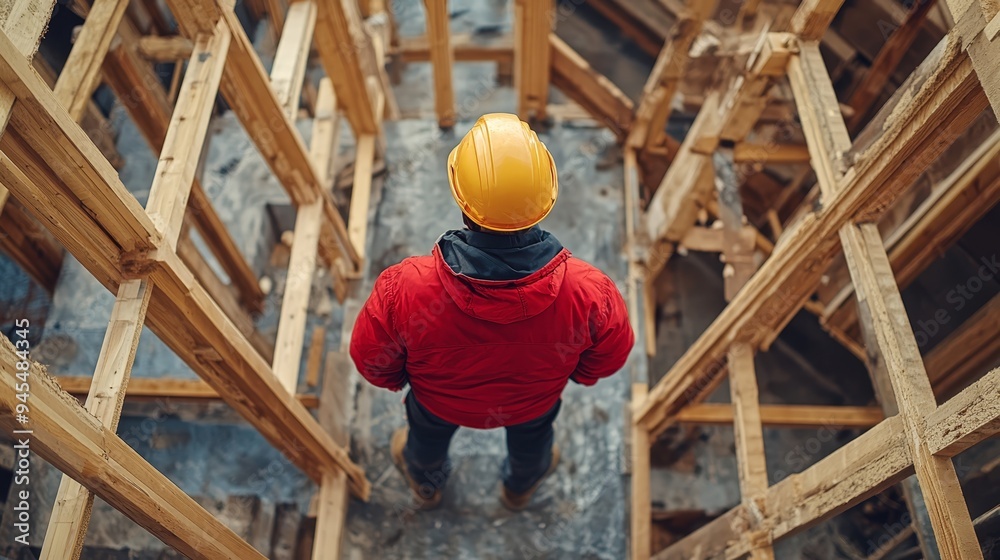Construction Worker Looking Up at Roof Frame Construction Worker Looking Up at Roof Frame