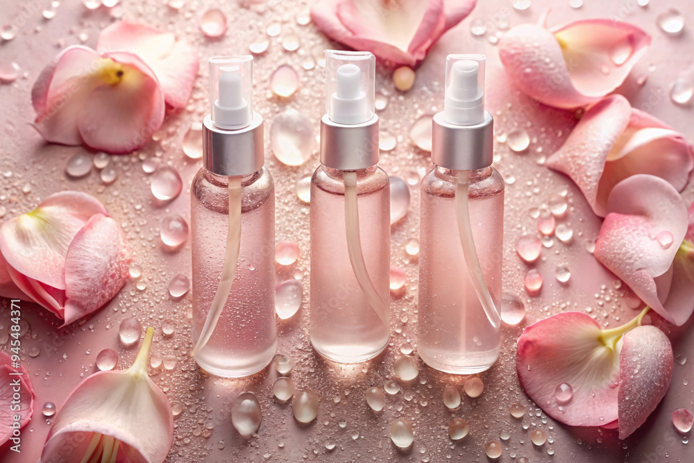 View of the rose facial mist bottles, emphasizing their clarity and the soft pink tones of the surrounding rose petals and droplets View of the rose facial mist bottles, emphasizing their clarity and the soft pink tones of the surrounding rose petals and droplets