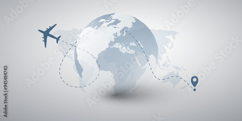 Traveling Around the World - Travel by Airplane - World Map and Earth Globe Design with Plane Flying in an Intercontinental Route to the Destination