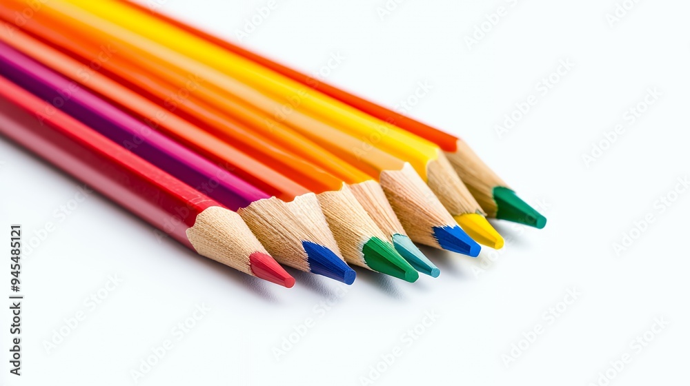 A row of colored pencils arranged in a gradient from red to green on a white background. A row of colored pencils arranged in a gradient from red to green on a white background.