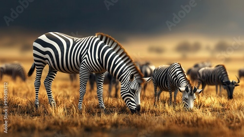 Zebras Grazing in the African Savanna. photo