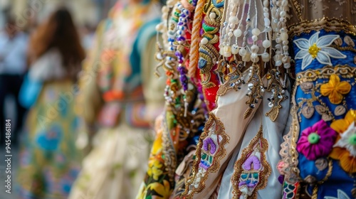 Close-up of traditional Amalfi Coast festival attire, detailed and colorful,