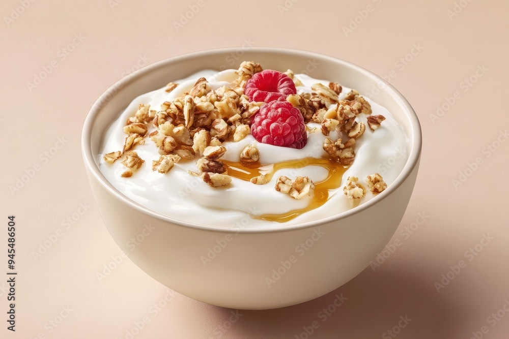 A bowl of yogurt topped with granola, raspberries, and honey. A bowl of yogurt topped with granola, raspberries, and honey.