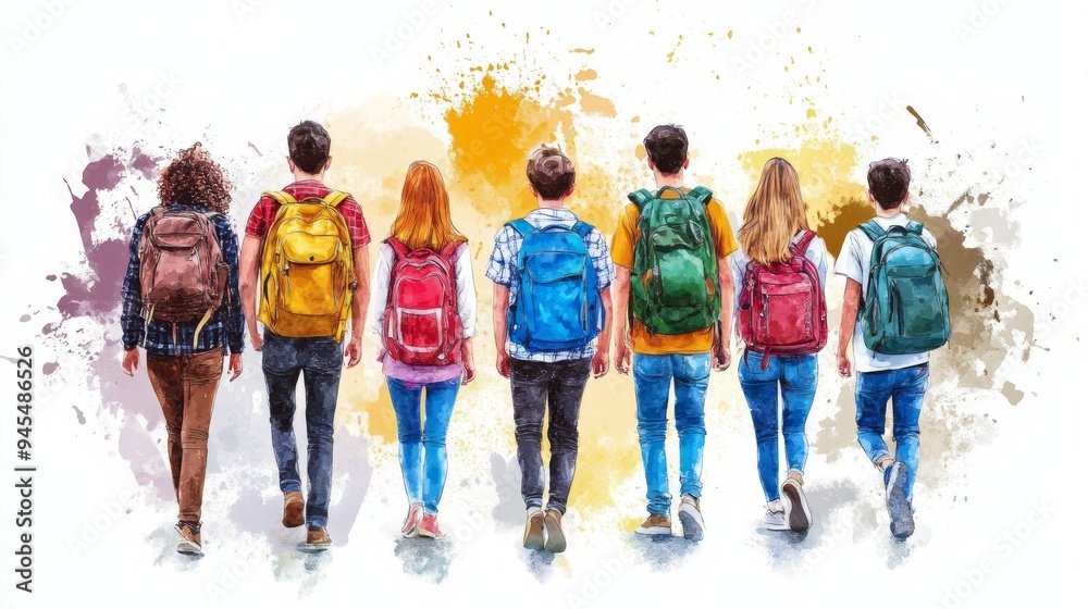 Naklejka premium Watercolor Illustration of Students with Backpacks Walking Together