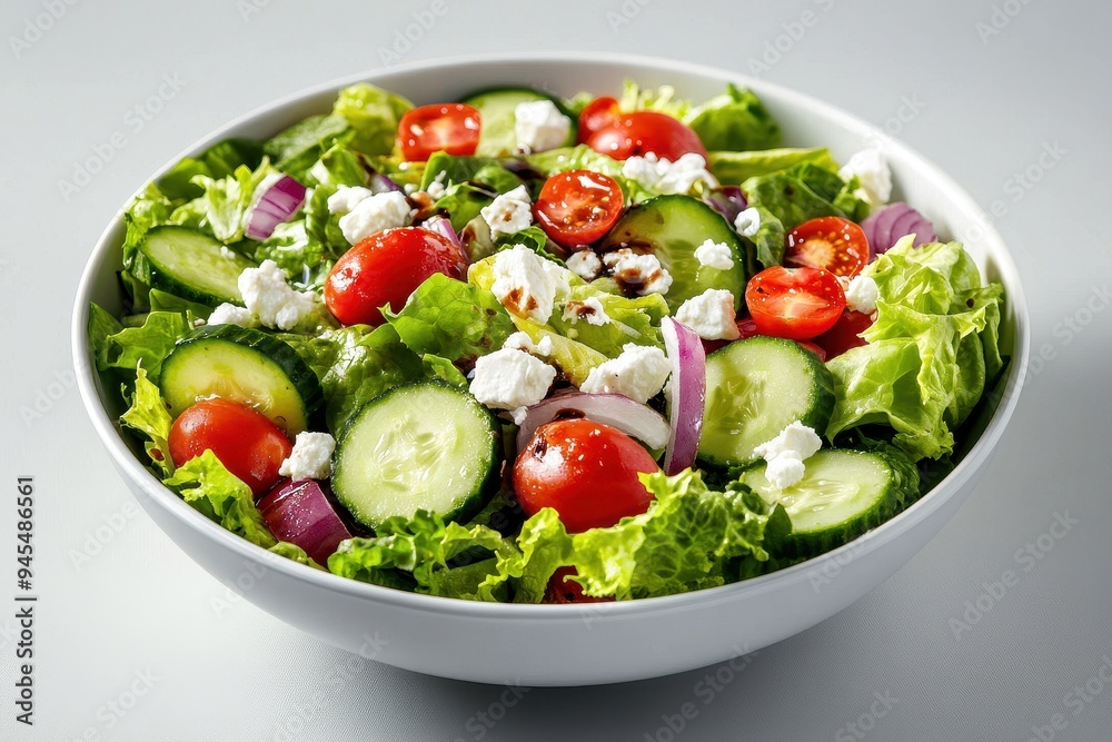 A fresh salad bowl with lettuce, cucumbers, tomatoes, onions, and feta cheese.