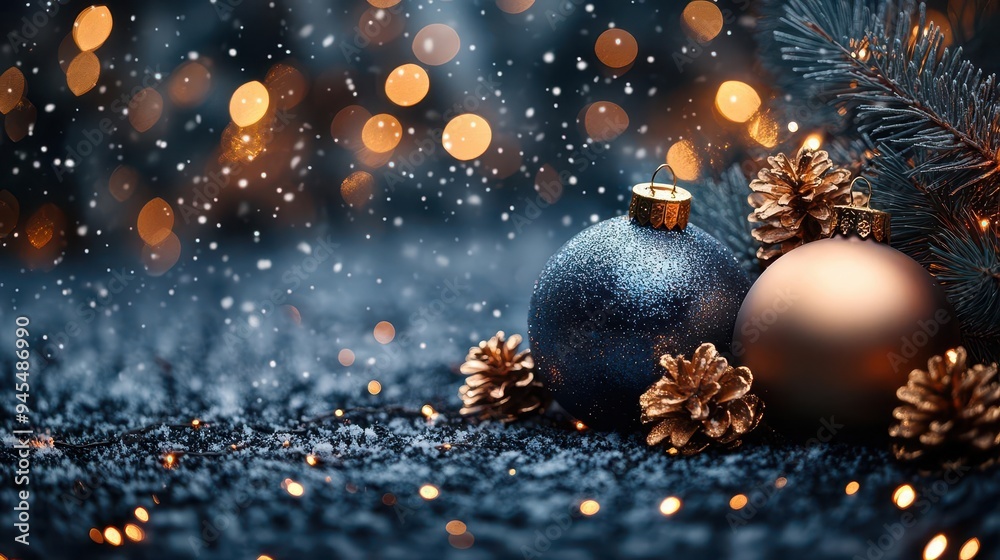 Fototapeta premium luxurious midnight blue backdrop adorned with shimmering golden ornaments delicate snowflakes and twinkling lights create an opulent festive christmas atmosphere