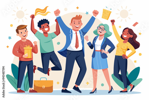 Happy office workers, joyful staff or employee success, team or colleague celebrate work achievement together, diverse, excited people concept, business people office worker jump to celebrate success
