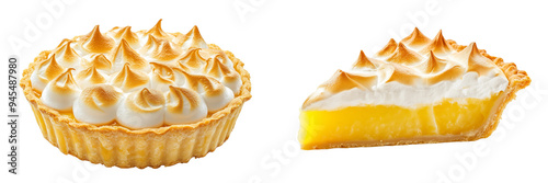 Set of a lemon meringue pie, highlighting the contrast between the golden crust and zesty lemon filling, isolated on transparent background. photo