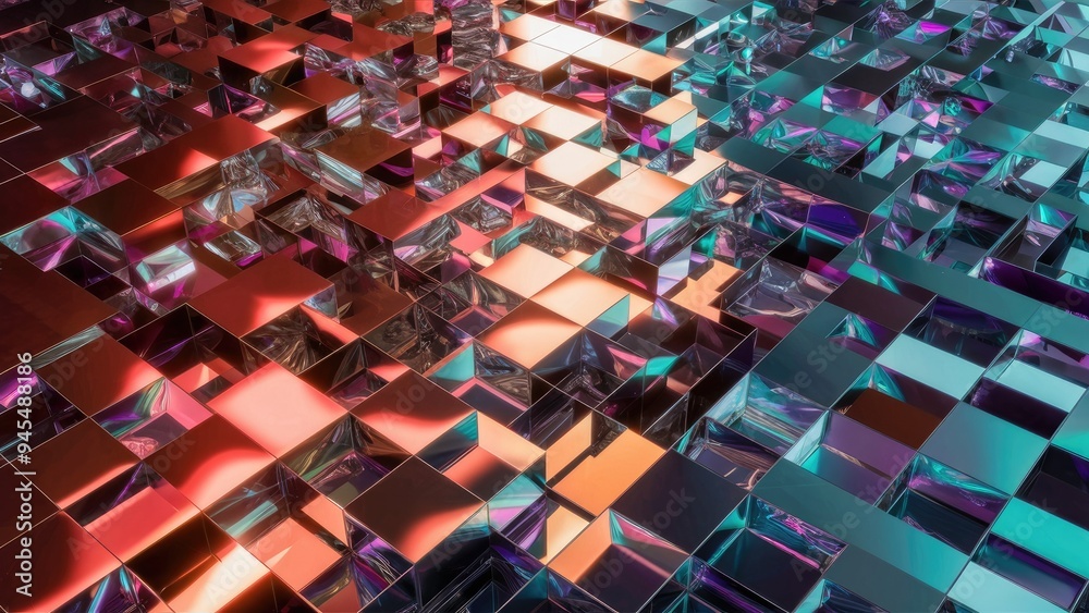 Vibrant Abstract Iridescent Metal Tiles in 3D Perspective, Futuristic Polished Block Wallpaper, 3D Render Vibrant Abstract Iridescent Metal Tiles in 3D Perspective, Futuristic Polished Block Wallpaper, 3D Render