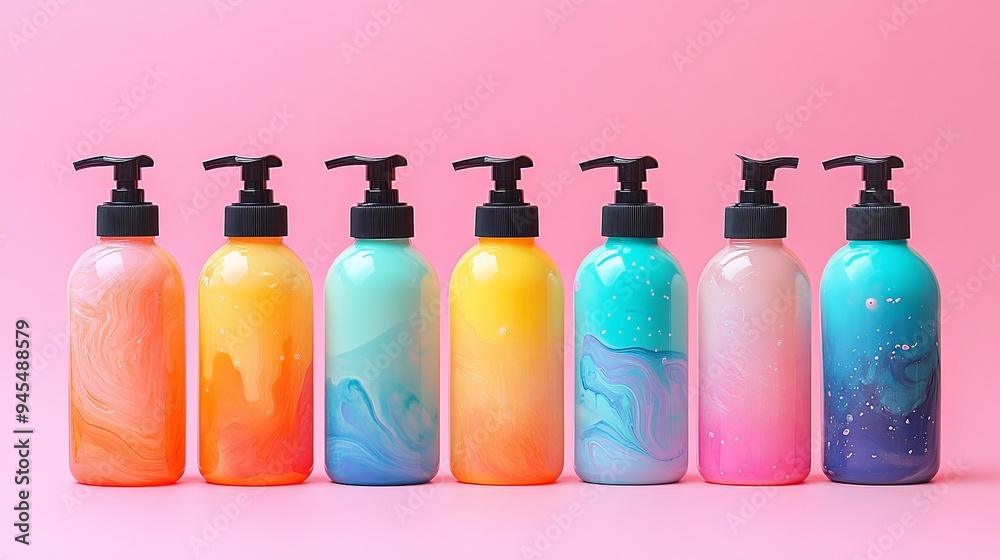 Colorful bottles of liquid placed on a bright pink background in a row Colorful bottles of liquid placed on a bright pink background in a row