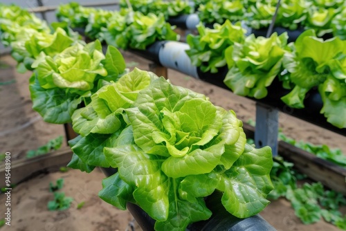 Hydroponic lettuce germinating at a greenhouse Hydroponic crop of lettuce at a greenhouse with plants germinating - agriculture concepts