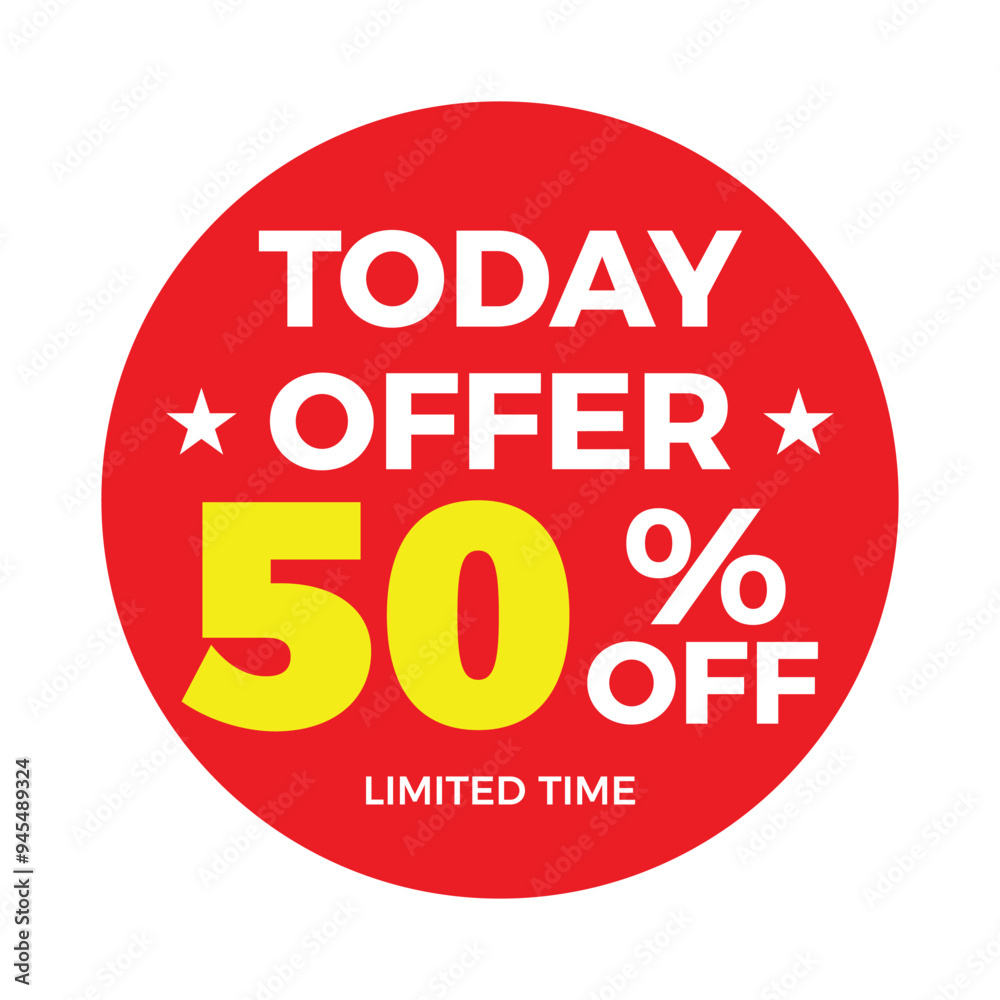 Red sale label or sticker. Simple flat discount tag, vector illustration, summer sale. 50% today offer Red sale label or sticker. Simple flat discount tag, vector illustration, summer sale. 50% today offer