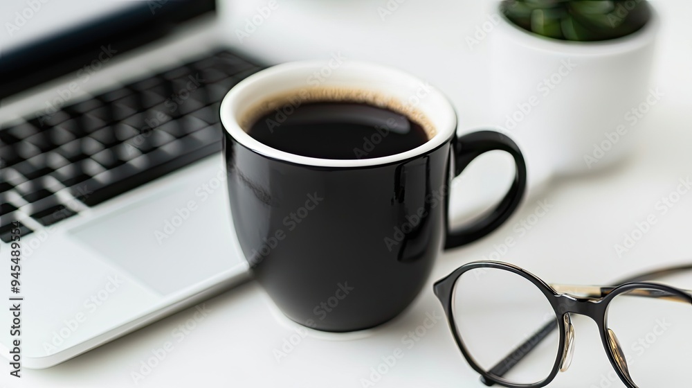 Cropped view of glasses and cup of coffee near laptop on white surface Cropped view of glasses and cup of coffee near laptop on white surface