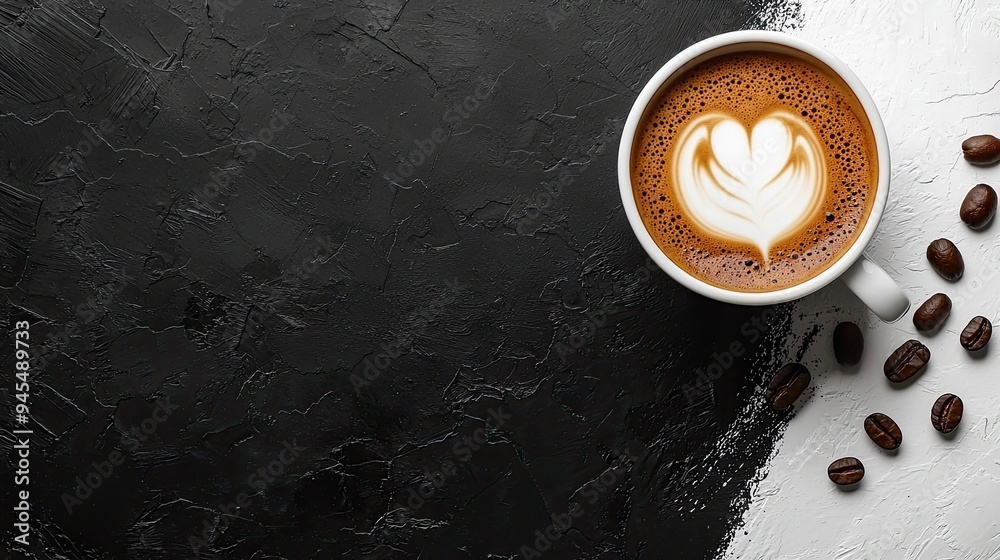 Coffee cup and coffee beans on black and white background. Top view with copy space Coffee cup and coffee beans on black and white background. Top view with copy space