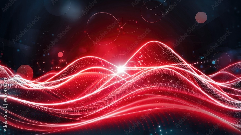 Obraz premium Vibrant Red Glowing Waves of Magic Energy in High-Tech Digital Design with Light Rays, Bokeh, and Iridescent Particle Effects. Abstract Background.