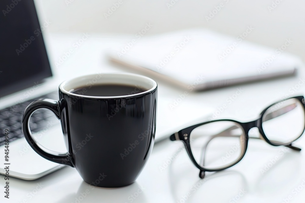 Cropped view of glasses and cup of coffee near laptop on white surface Cropped view of glasses and cup of coffee near laptop on white surface