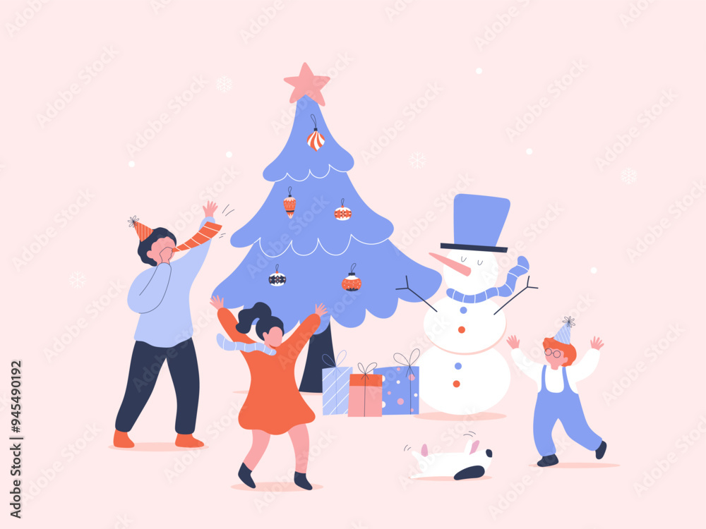 Children-celebrating-Christmas-with-a-snowman-and-a-Christmas-tree