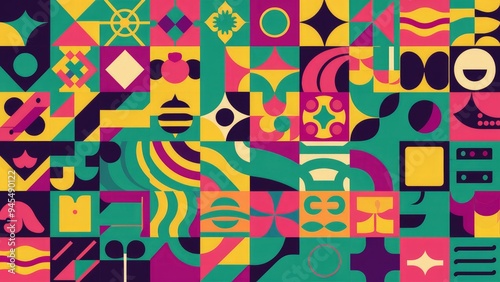 Vibrant abstract background featuring a variety of geometric shapes.