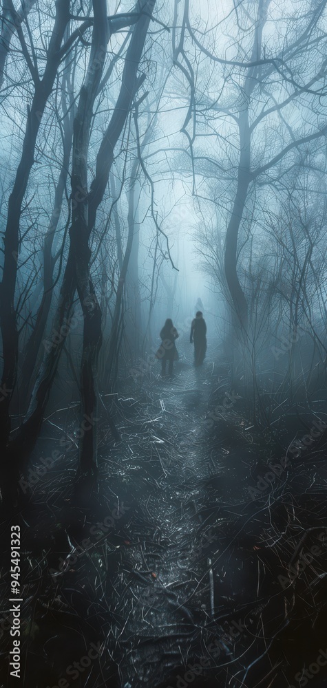 Fototapeta premium Eerie forest pathway with two silhouettes in the misty fog, evoking a sense of mystery and suspense in the dark, twisted woods.