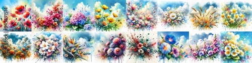 Watercolor spattering flowers with blue sky, drawing. AI generated illustration