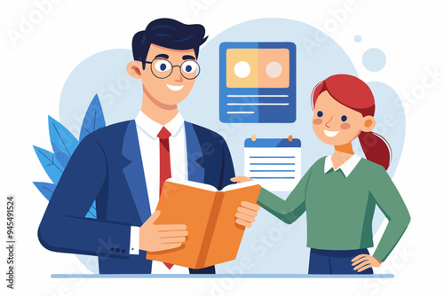 Employee handbook, manual for onboarding new staff, procedure or rule for welcome new hire to know company, business manual for success concept, businessman hand holding handbook with new employees.
