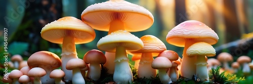 Close-up of mushroom growing on field, leaves, bright sunlight, tropical, natural beauty, close-up