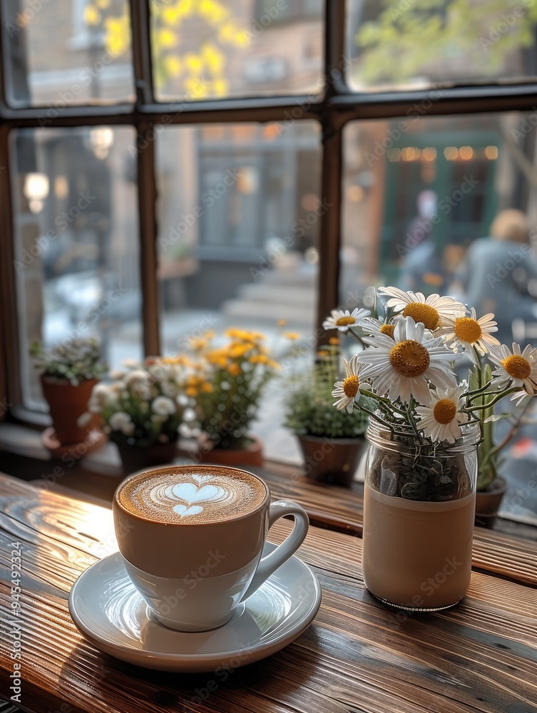 A large window letting in natural light. In front of the window, there is a cup of coffee with heart-shaped latte art next to some beautifully. Generative AI. A large window letting in natural light. In front of the window, there is a cup of coffee with heart-shaped latte art next to some beautifully. Generative AI.