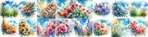 Wallpaper Mural Watercolor spattering flowers with blue sky, drawing. AI generated illustration Torontodigital.ca